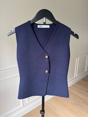 Zara Navy Knit Sleeveless Vest with Gold Buttons